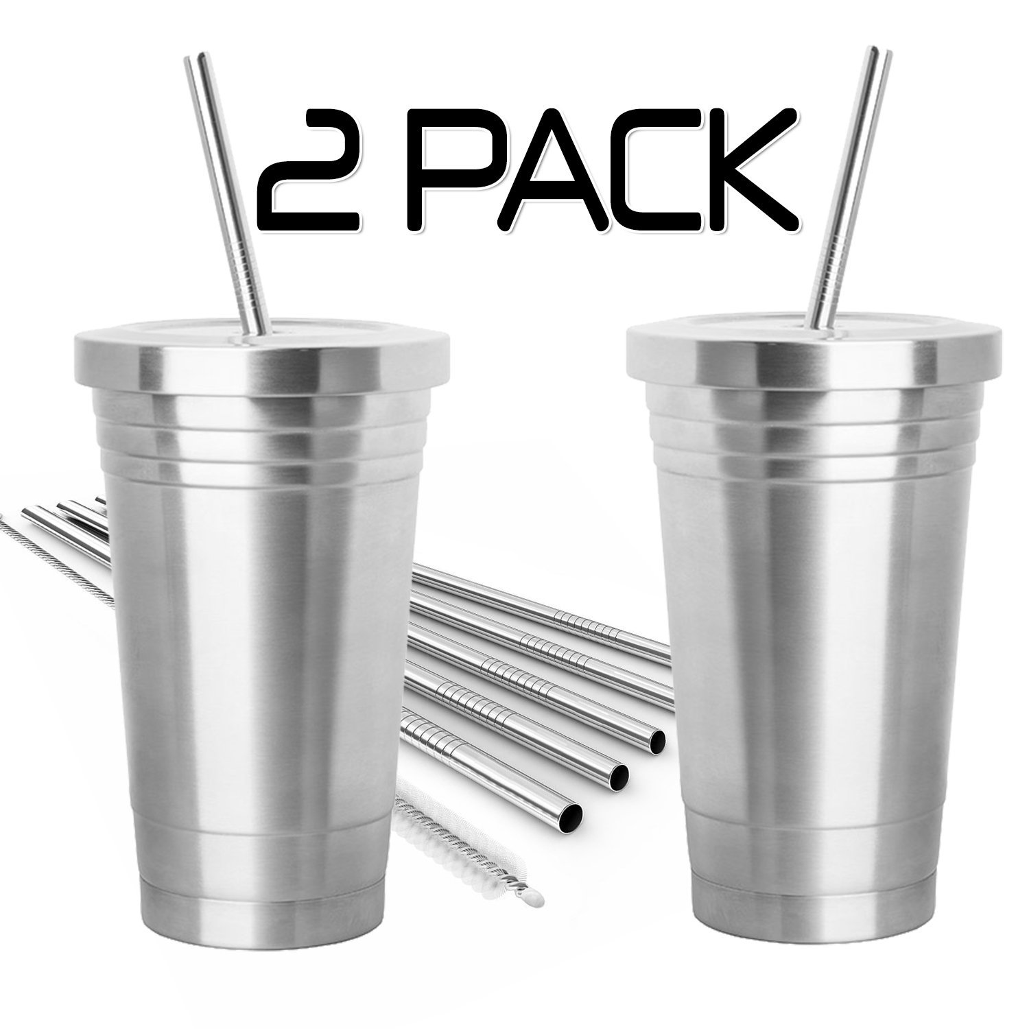 2 Pack Stainless Steel  Tumblers  with Straws & Cleaning Brush
